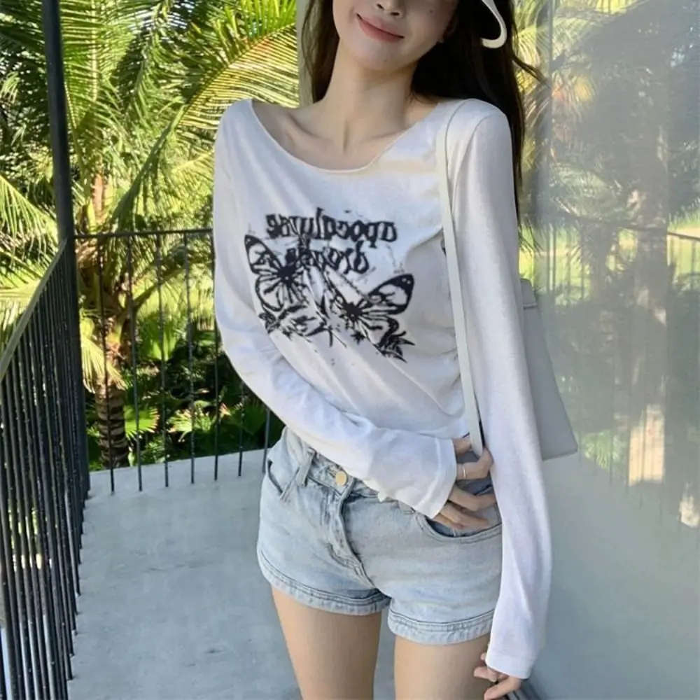 

Sweet Ruffle Long Sleeve T-shirt Letter Round Neck Retro Shirts Women Chic Butterfly Y2k Crop Tops Autumn