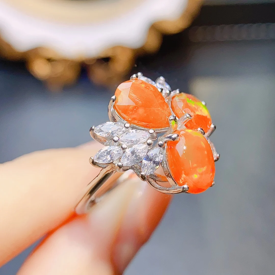 Beautiful Natural Orange Fire Opal Three Stone Ring 925 Sterling Silver Birthstone Fire Opal Engagement Promise Rings For Women