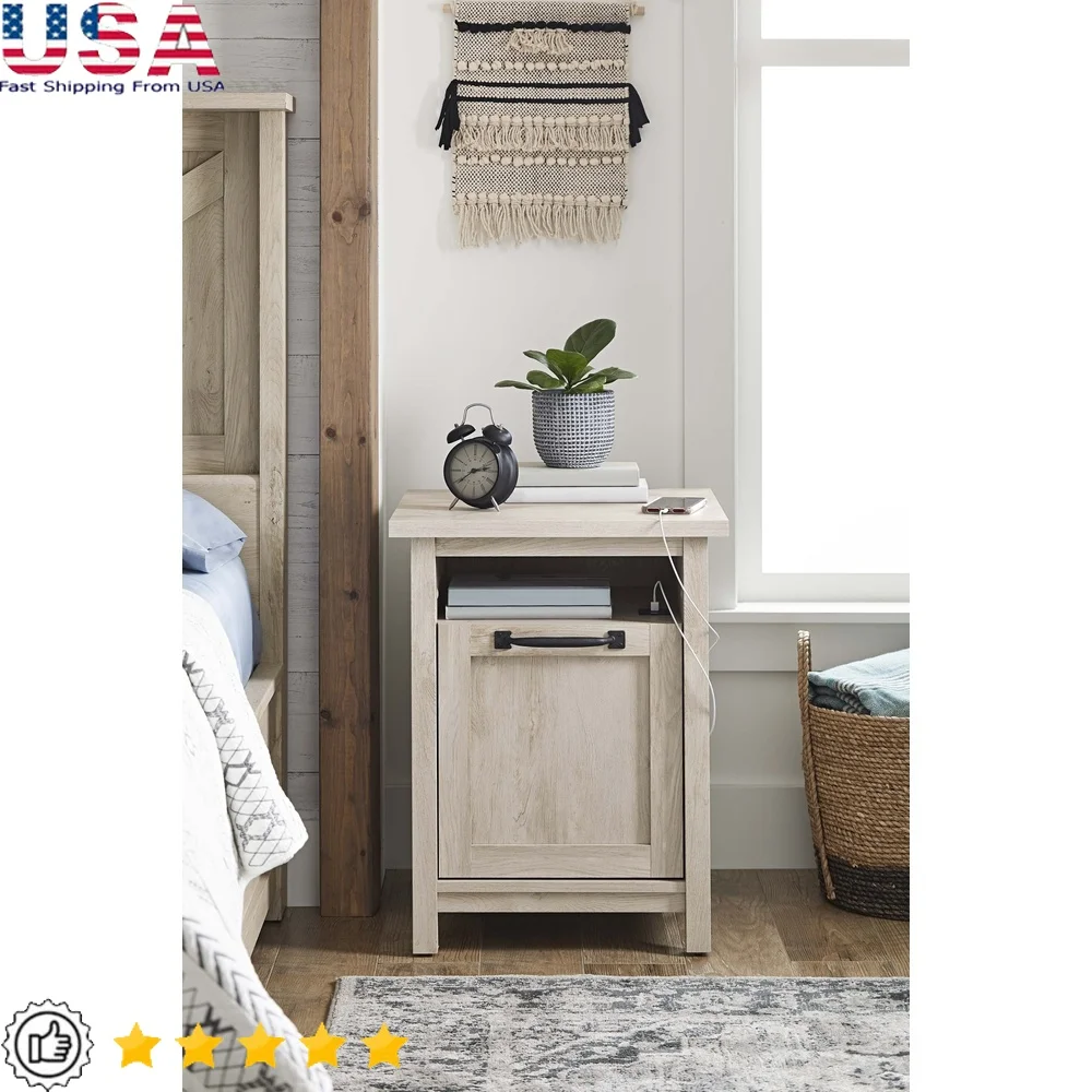 

Modern Farmhouse Nightstand with USB Ports Rustic White Finish Hidden Storage Shelf Bedroom Living Room Use