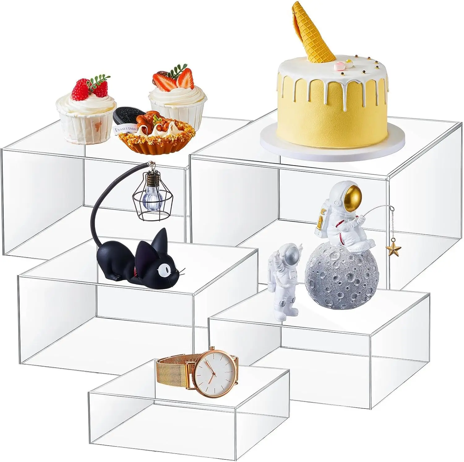 

5-Piece Acrylic Display Stand Set with 6"-10" Sizes, Clear Food Jewelry Decor Riser Cubes