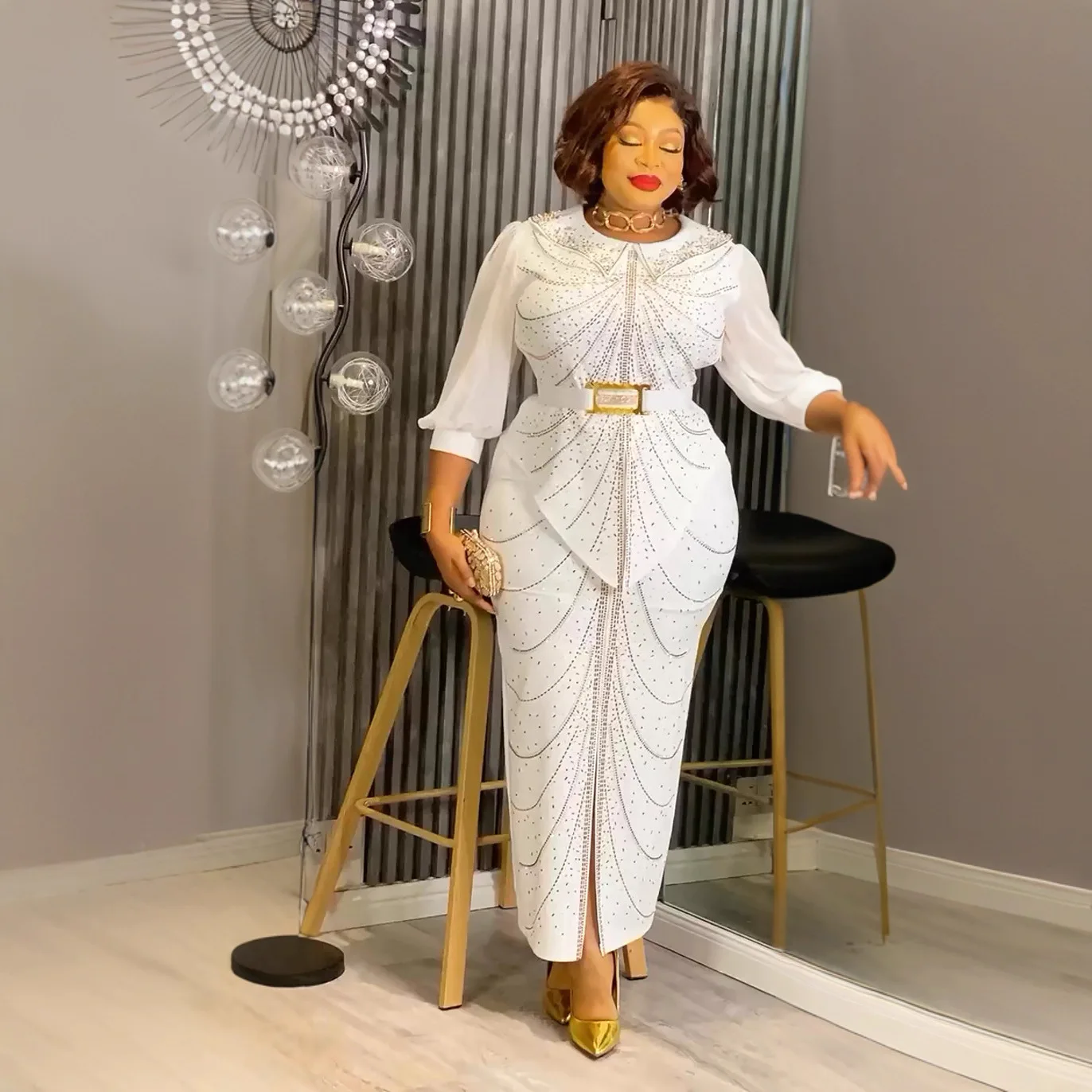 2026 فساتين الحفلات الأفريقية مقاس كبير للنساء Dashiki الماس Bodycon شق فستان طويل أنيق مسلم فساتين السهرة الزفاف #3