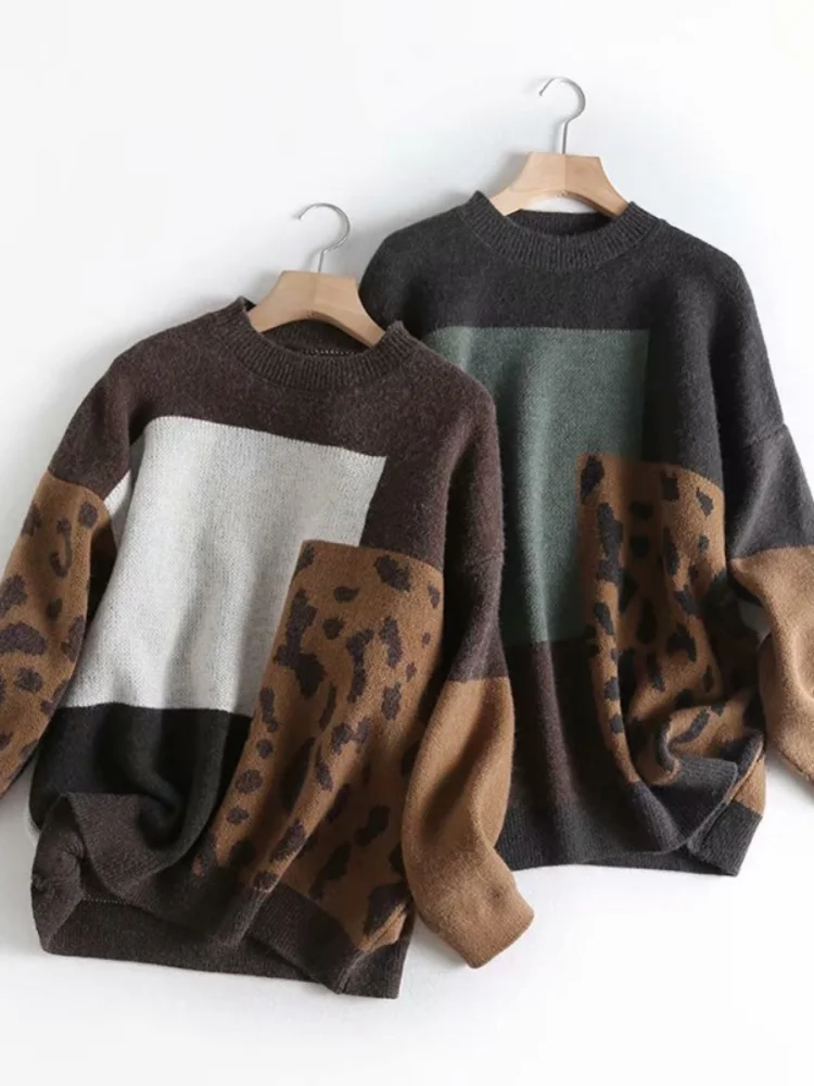 H.SA 2022 Women Vintage Leopard Pullover And Sweaters Winter Patchwork Brown Knit Jumpers Loose Style Korean Slim Pull Jumpers