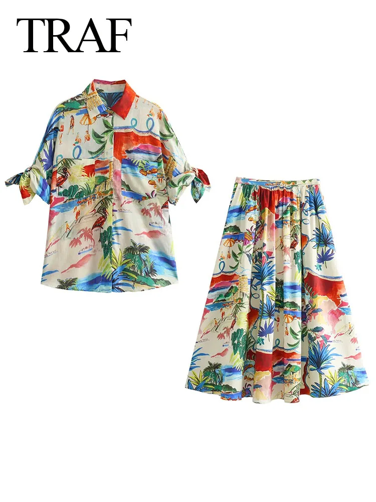 TRAF 2024 Women Summer Casual Print 2 Pieces Skirt Set Pockets Lapel Single-Breasted Shirt Top+Slim Pleated Zipper Pocket Skirt