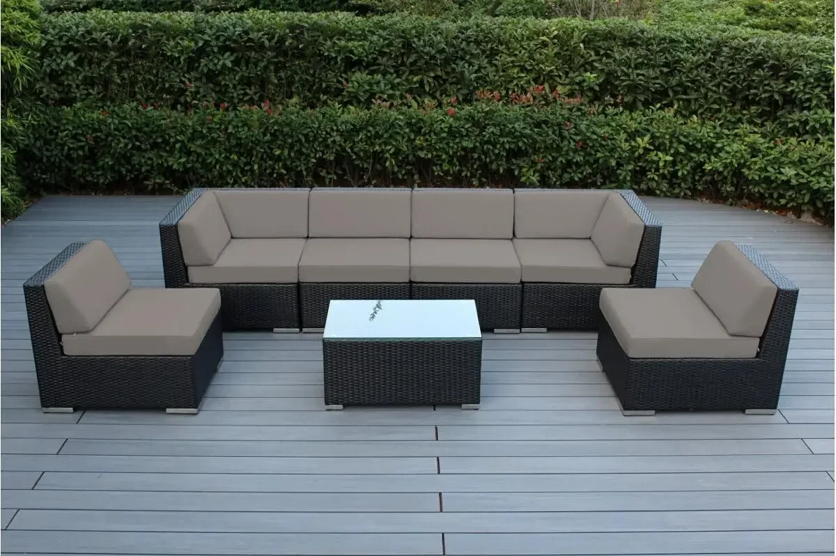 

7-Piece Outdoor Patio Furniture Sectional Conversation Set, Black Wicker with Sunbrella Taupe Cushions - No Assembly