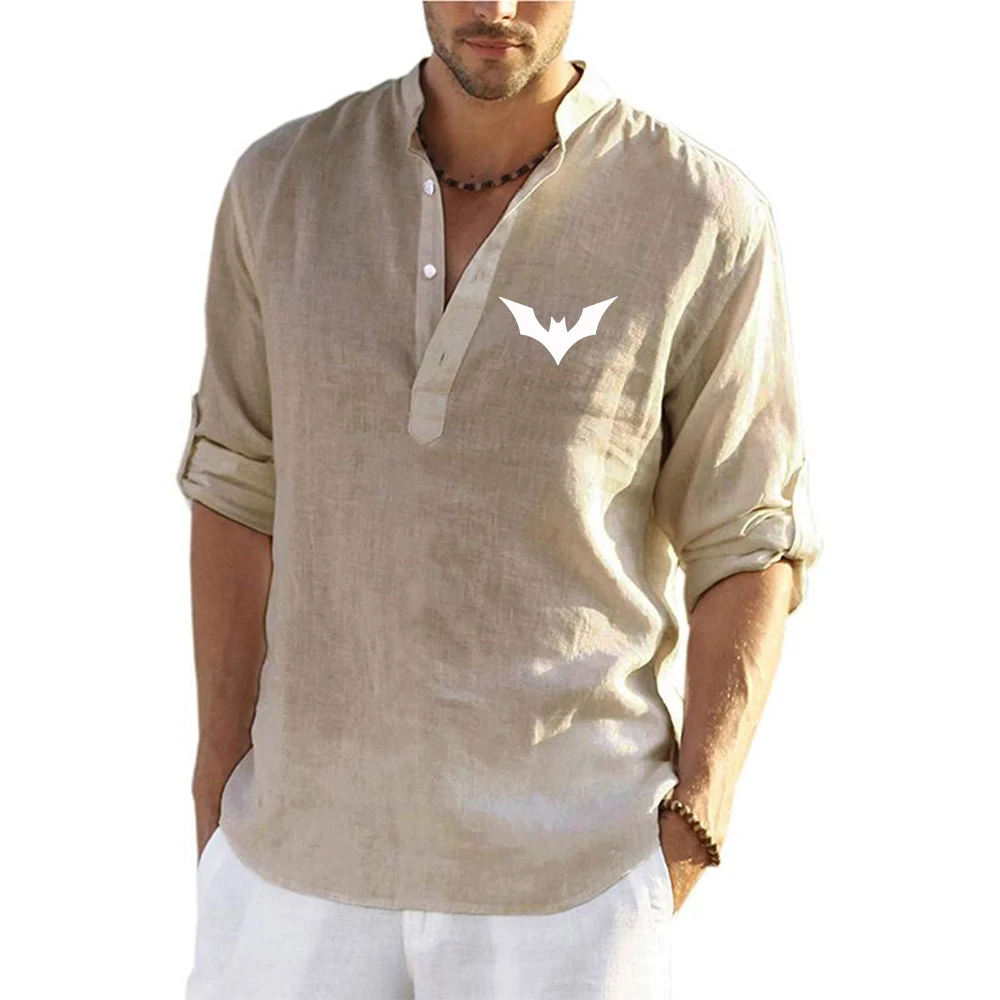 Bat pattern Men's linen long-sleeved garment with lightweight and breathable fabric and V-neck design