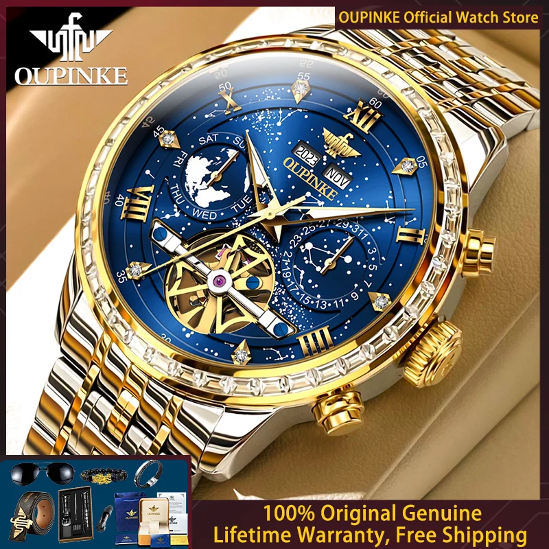 

OUPINKE 3255 Men Watch Hollow Starry Sky Diamond Multi functional Chronograph Luxury Brand Fully Automatic Mechanical Men Watch