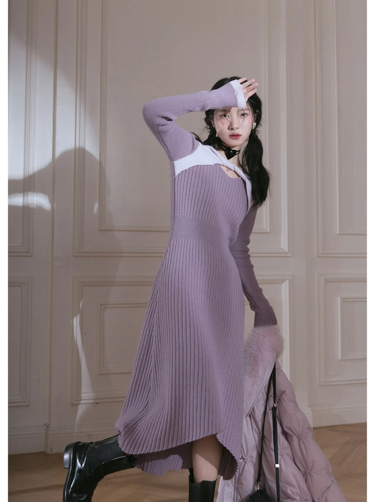 

COTRE Soft Skin-Friendly Ne Knot Color Blo Camere Sweater Dr Cold Berry Purple Casual Autumn Winter Women's Dr