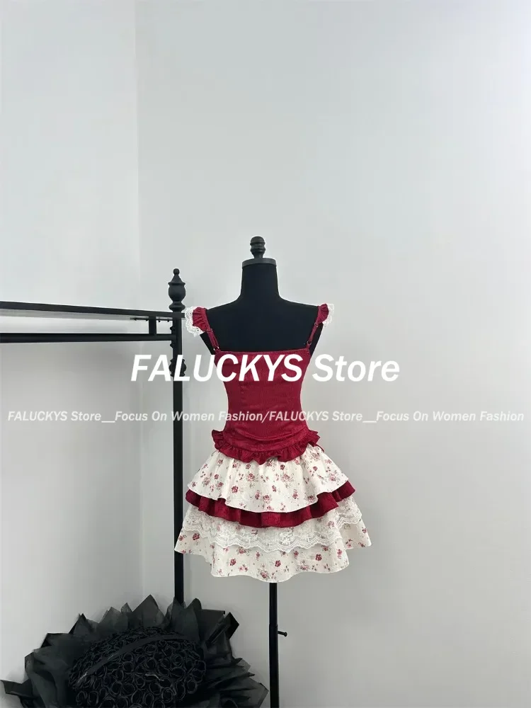 Japanese Sweet Floral Print 2 Piece Set Women Vintage Cute Lace Bow Patchwork Tops + Kawaii High Waist Mini Skirt 2024 Summer