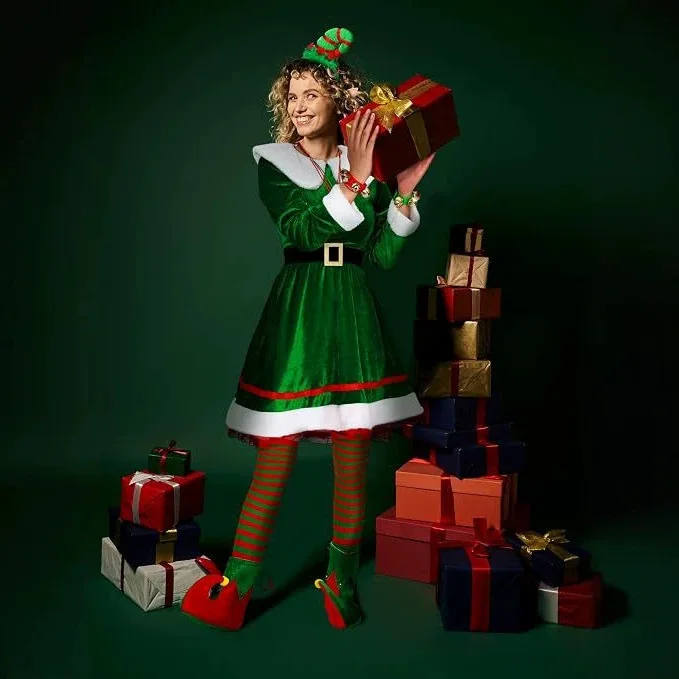 Christmas Role Play Party Costume Women Velvet Elf Dress Set with Belt Striped Over Knee Socks and Elf Hat for Festive Scene
