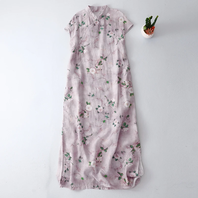 

Summer Cotton Linen Dress Stand Collar Printed A-Line Midi Skirt Chinese Style Loose High Waist Short Sleeve Dress N720
