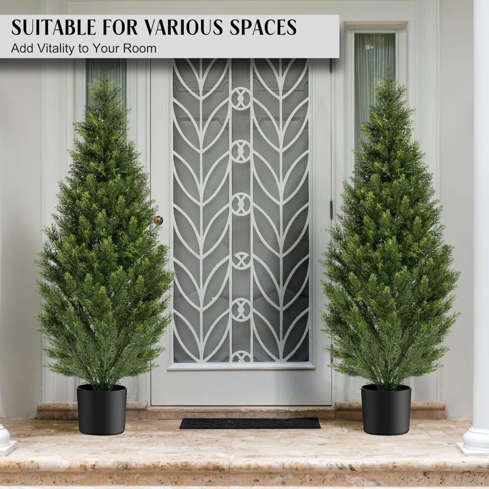 Two 4FT Artificial Topiary Cedar Trees Tall, UV Protection Fake Cypress Tree, Realistic 48IN Pine Potted Plants for Home Decor