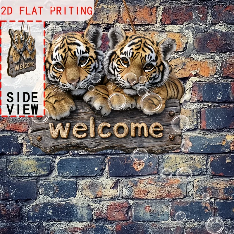 2D Flat, 1pc Tiger Welcome Sign, Recycled Wood Farmhouse Porch Decor - Indoor Hanging Plaque,  Unique Gift for Friends,