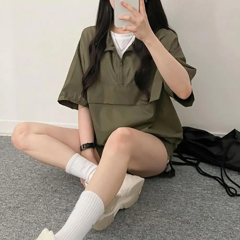 

Женские комплекты из двух предметов, водолазка, футболки на молнии + шорты, лето 2024, повседневная спортивная одежда, однотонная одежда, женский свободный спортивный костюм