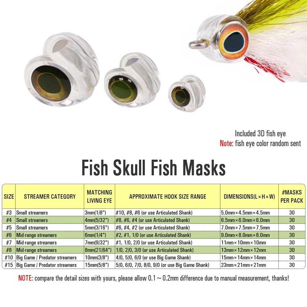 30 Stück 3 Größen Fliegenbinde-Fischschädelmasken mit 3D-Augen für die Herstellung von Streamer-, Hecht-, Barsch-, Forellenködern, Salzwasser-Fliegenbindematerial – Detail 2