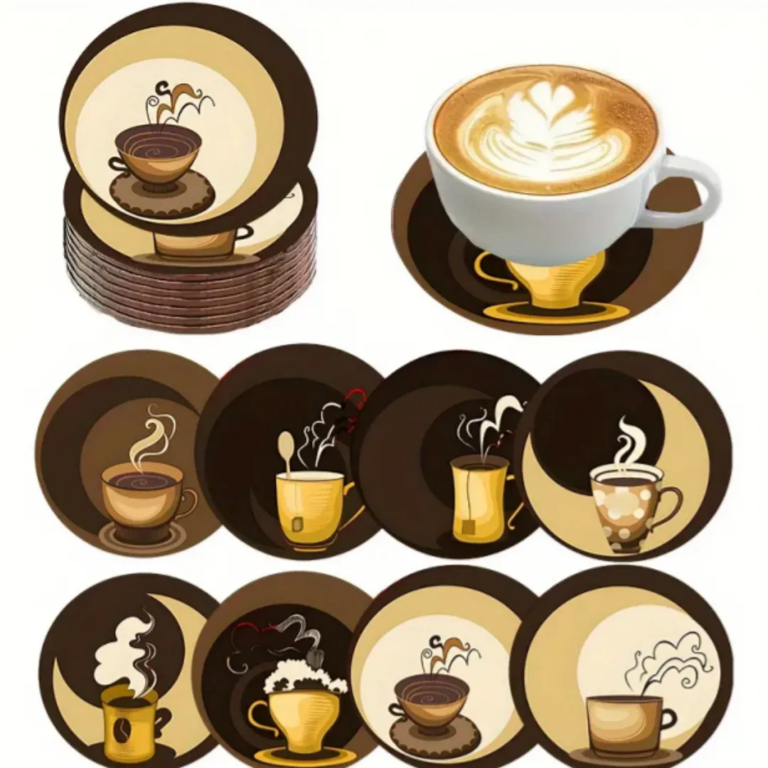 

8 Coffee-themed patterned wooden anti-slip and heat-insulating coasters, New Year's gifts for living rooms and kitchens