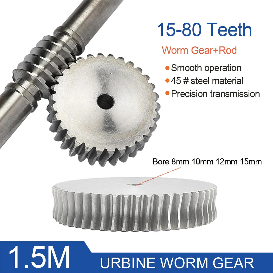 1Set 1.5M15/20/25/30/35-80T 45# Steel Worm Gear Wheel Or Worm Rod 1.5 Modulus Bore 6/8/10mm Worm Gear Round Bore & Keyway Bore