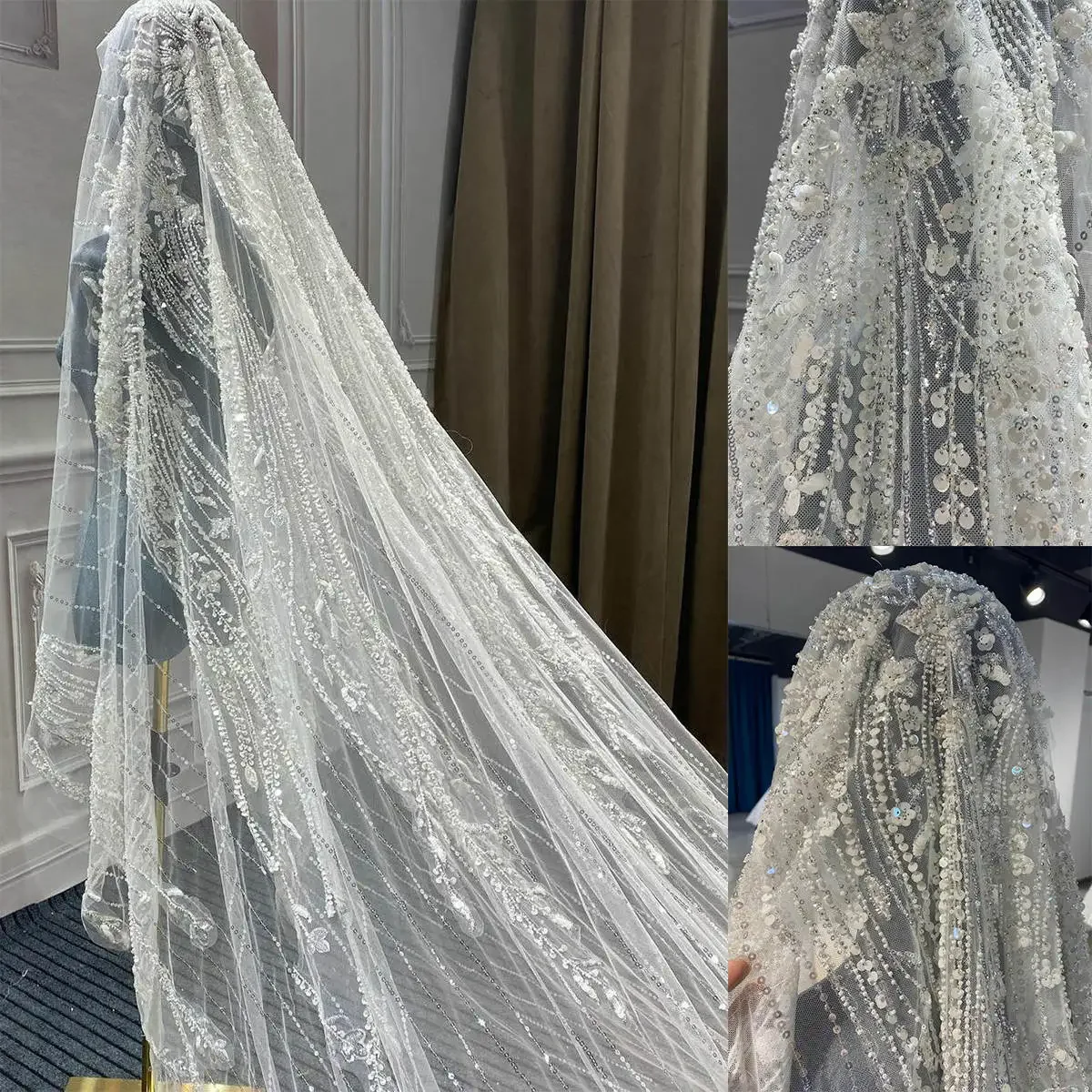 Luxury Elegant Wedding Veils One Layer Tulle Appliques Lace Tulle Sequins Bridal Veil Cut Edge Customized Length Veils