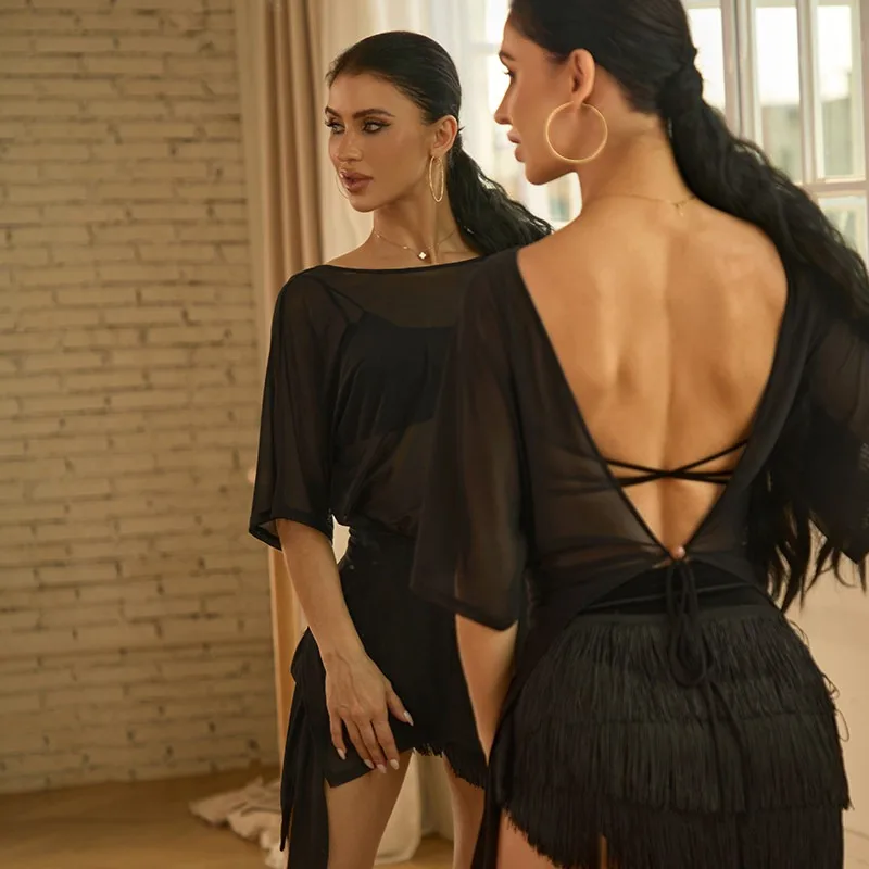

customized ZYM upper dress backless mesh Latin dance practice uniform women's side waist small button 26033