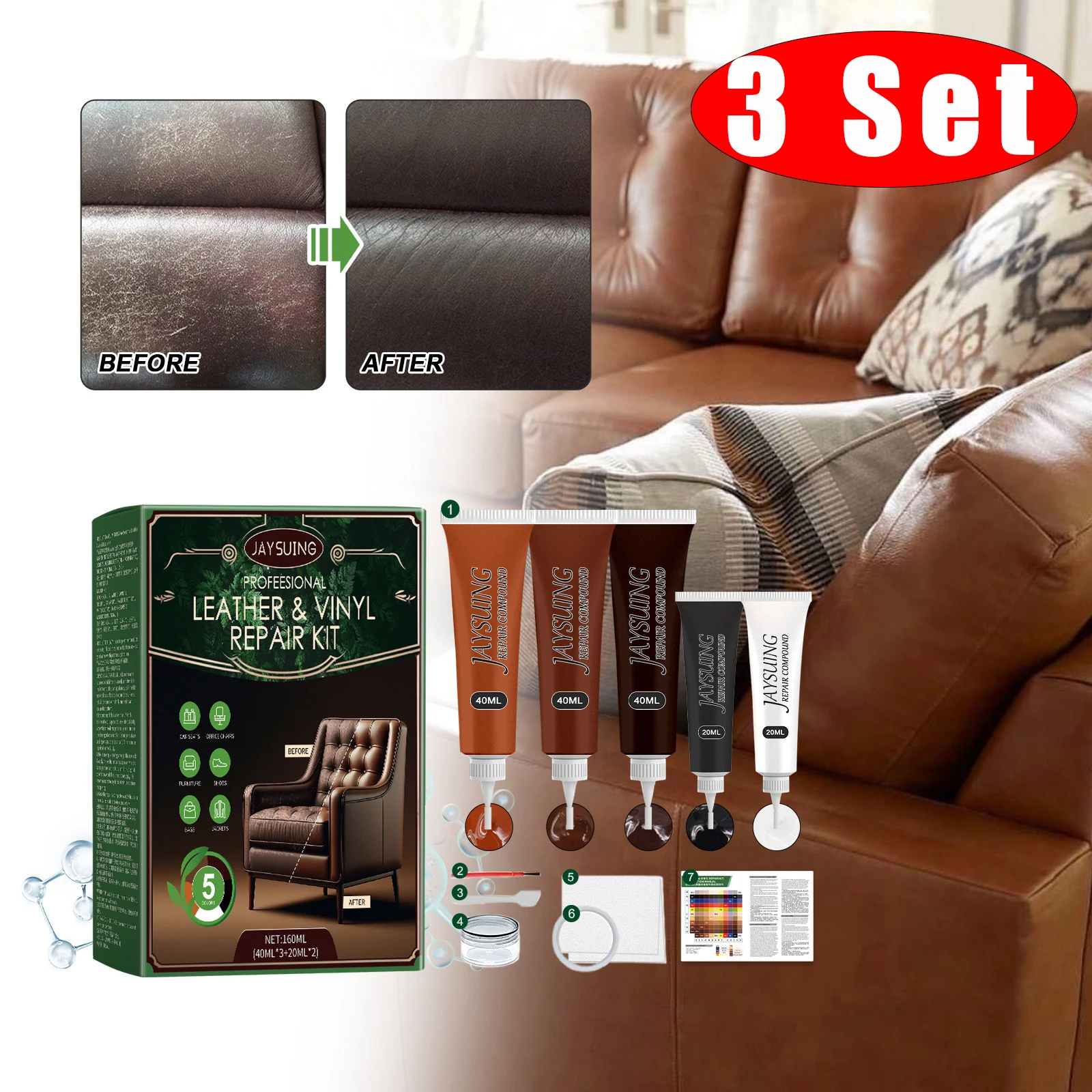 3 Set Leather Repair Care Kits Multipurpose Pu Leather Sofa Shoes Seat Stain Removal Agent Leather Scratch Repair Tools