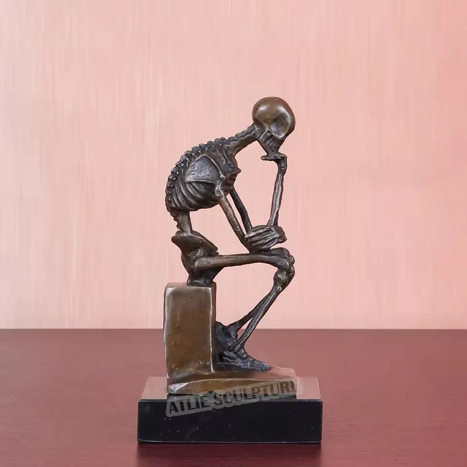 Bronze Abstract Skeleton Thinker Statue Famous Rodin's Thinking Man Sculpture Figurine Replica Hot Casting Home Decor