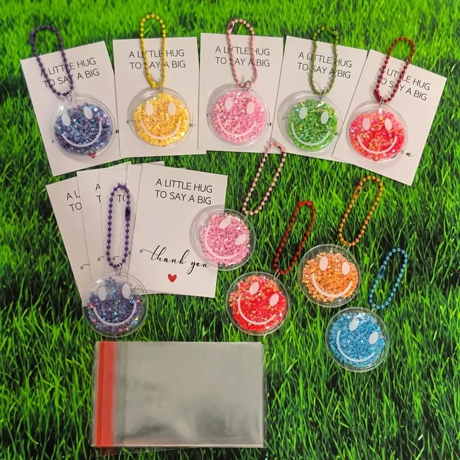 1/5/10/20/50/100pcs 30-Piece Set: 10 Happy Face Keychains + 10 Thank-You Cards + 10 Gift Bags for Cards. Assorted Set of Happy F