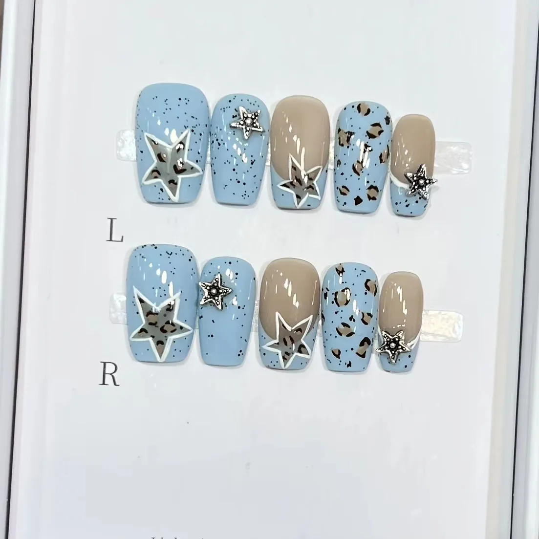 

10pcs Handmade Press on Nails Leopard Print Polka Dot Hand Drawn Stars False Nail for Women&Girls Detachable Wearable Nail Art