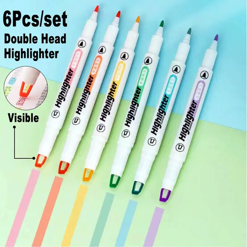 6 Color Set Highlighter Pen Visible Transparent Window Oblique Tip Double Head 1mm 4mm Art Marker Office School Drawing Graffiti