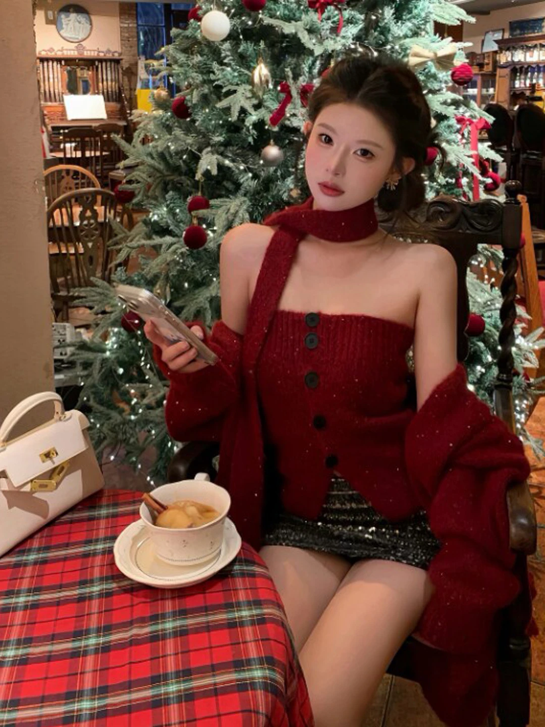 

Red Knitted Cardigan And Tube Top Set Faionable Spring Outfit Two-Piece Set Comfortable Warm Loose Fit Casual Date Wear