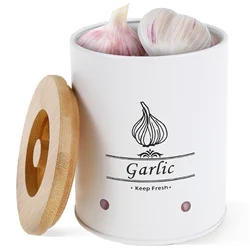 Garlic Keeper Storage Container Holder Metal Garlic Storage with Bamboo Lid Vegetable Storage Container with Aerating Holes