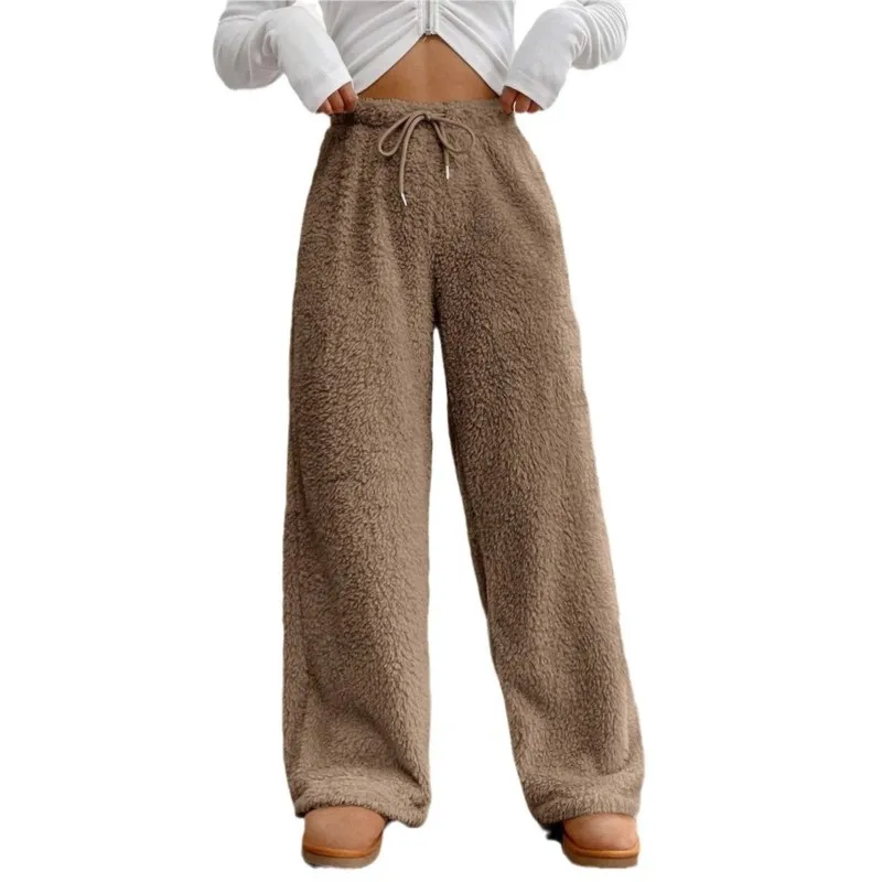 여성용 다용도 따뜻한 홈 팬츠 가을 겨울 플러시 드로스트링 와이드 레그 루즈 솔리드 컬러 바지