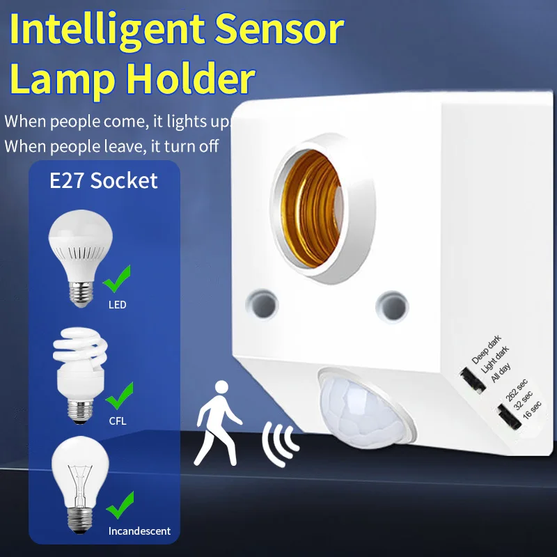 Base de Lâmpada LED Inteligente com Sensor de Movimento Infravermelho PIR E27 85V-265V, Adaptador de Soquete para Controle de Luz