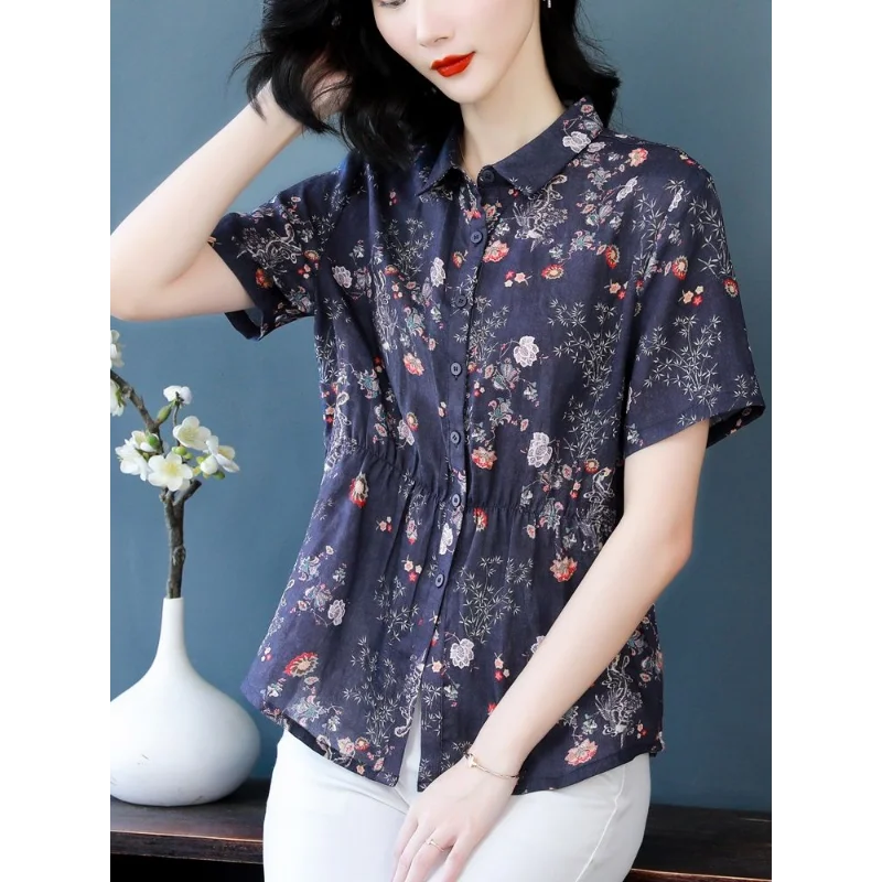 

Summer New Print Blouse Women's Retro Slim Fit Short Sleeve Loose Floral Top
