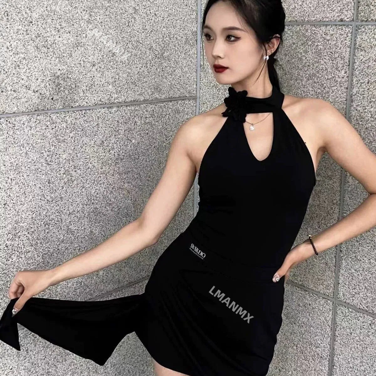 Summer Latin Dance Black Hanging Neck jumpsuit with ribbon Latin Dance leg length display