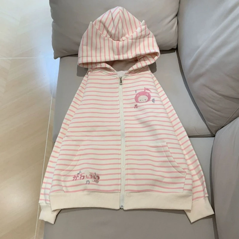 Japanese Kawaii Cat Ears Long Sleeve Hoodie Women Sweet Casual Striped Sweatshirt Zipper Cartoon Embroidery 2025 Autumn view 6