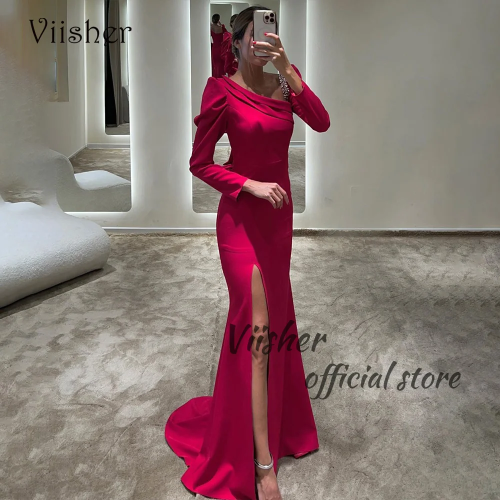 

Viisher Red Mermaid Evening Dresses with Slit Long Sleeve Pleats Satin Arabic Prom Party Dress with Train Evening Gowns