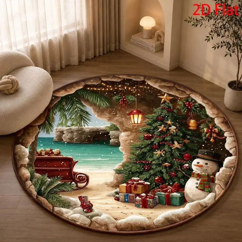 VIKAMA Christmas Round Rug 3D Illusion Tropical Cave Christmas Tree Snowman Sleigh Palm Non Slip Area Rug Living Room Holiday