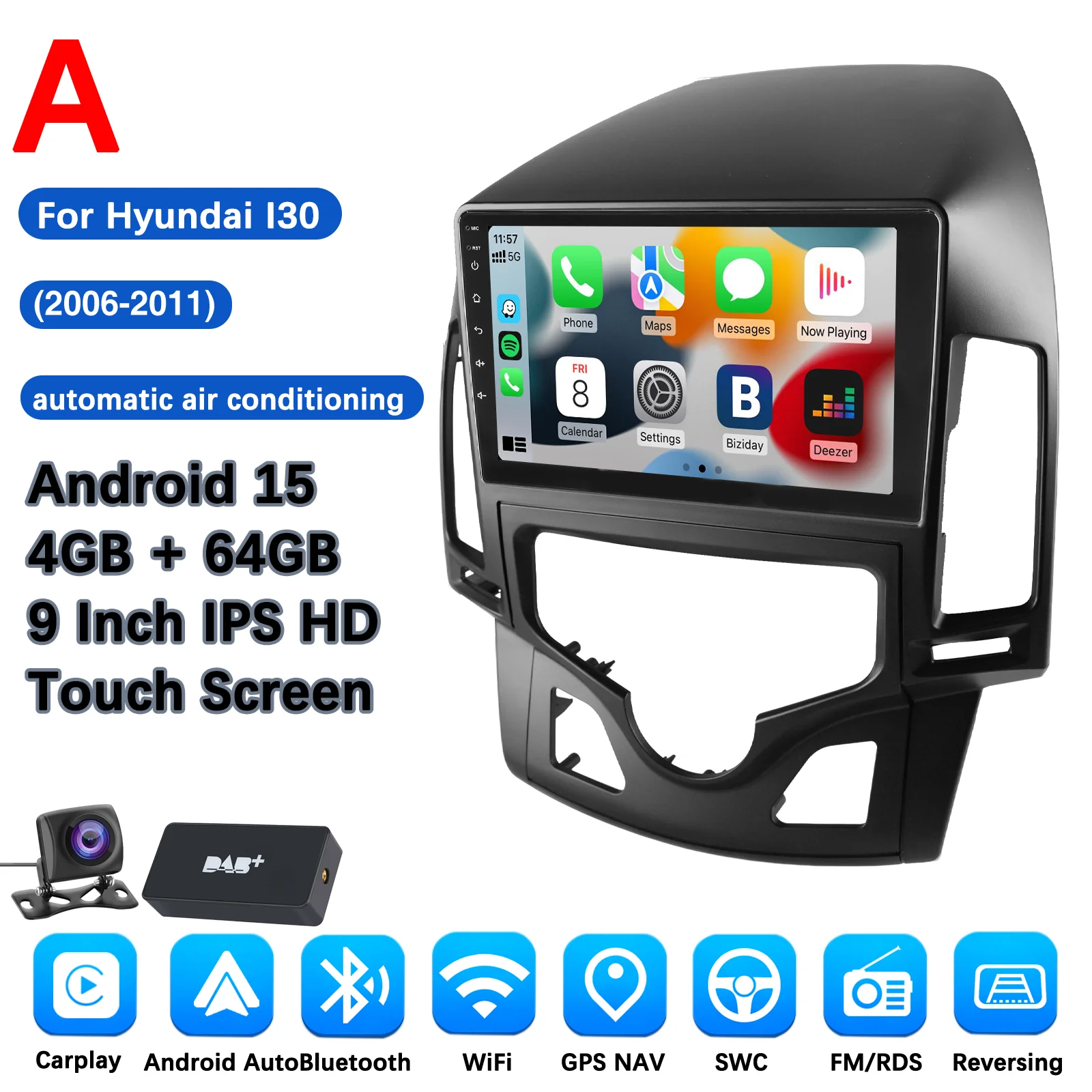 MOPECT 4+64GB Android 15 autoradio voor Hyundai I30 AT/MT 2006-2011 multimediaspeler GPS 2DIN autostereo draadloze CarPlay FM/AM