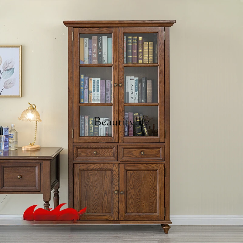 

American pure solid wood bookcase full log display retro bookcase ash wood glass door cabinet
