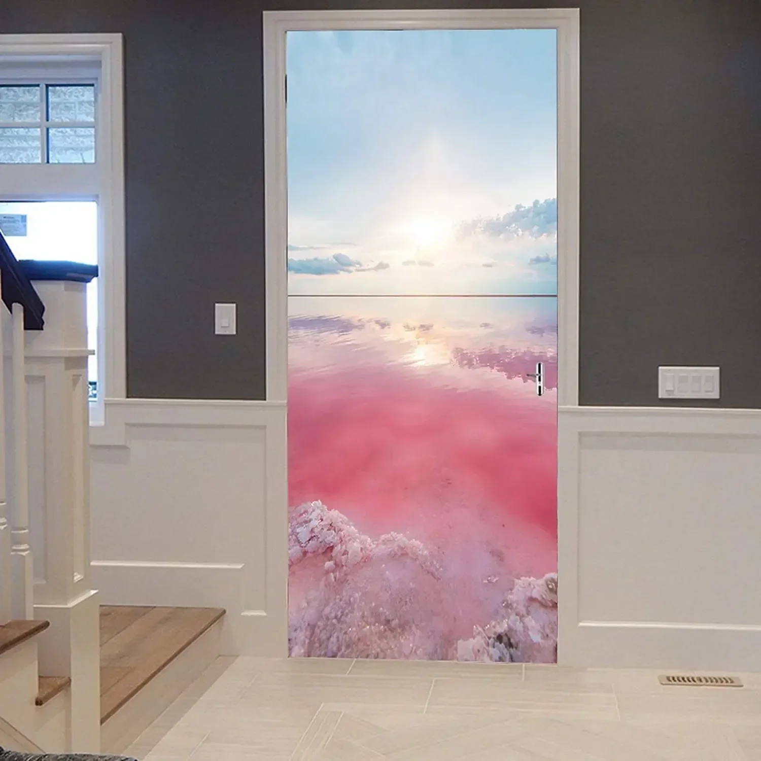 3d Purple Sky Seaside Door Stickers Dream Ocean Scenery Stickers Hawaii Ocean Mural Wallpaper Home Living Room Decoration