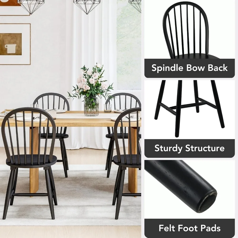 مجموعة من 4 كراسي لتناول الطعام في المزرعة باللون الأسود، وكراسي خشبية على طراز وندسور مع ظهر مغزل، وتصميم كوخ حديث بدون ذراع #3