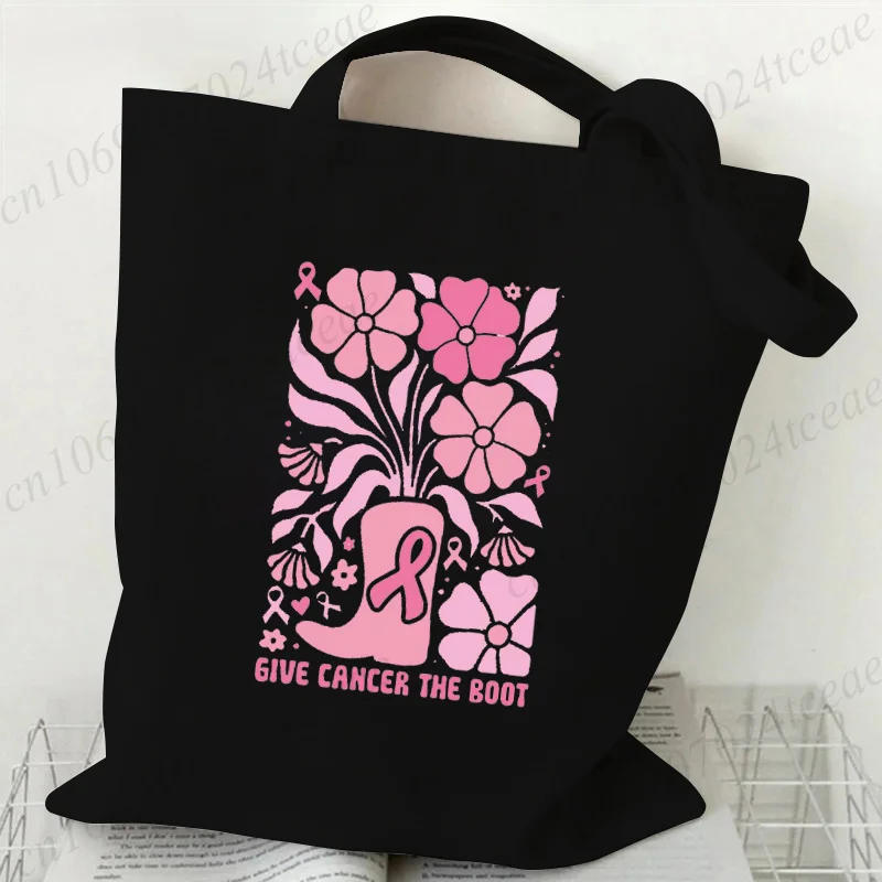 Pink Abstract Flowers Coquette Bow Awareness Ribbon Handbag Reusable Shopping Bags Boho Floral Breast Cancer Canvas Tote Bags