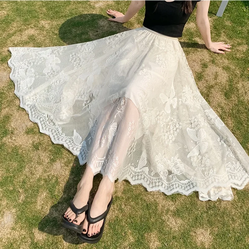 Ele saia evasê de comprimento médio com bordado de gancho de renda e rede de emagrecimento f saias para mulheres fibra de poliéster