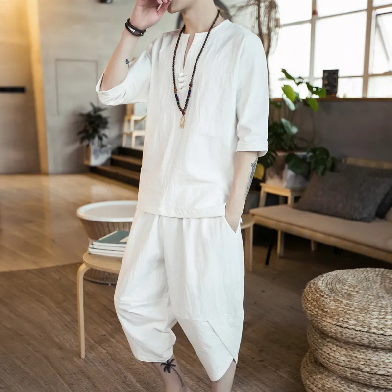 

New Casual Fashion Men's Suit Men's Chinese Style Summer Cotton Hemp Short Sleeve T-shirt Summer Men's Tang Suit T-shirt