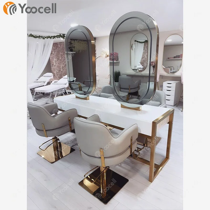 Beauty Barber Stations Furniture Double Sided Salon Station Packages Styling Chair Mirror Ladies Salon Stations Equipment Set