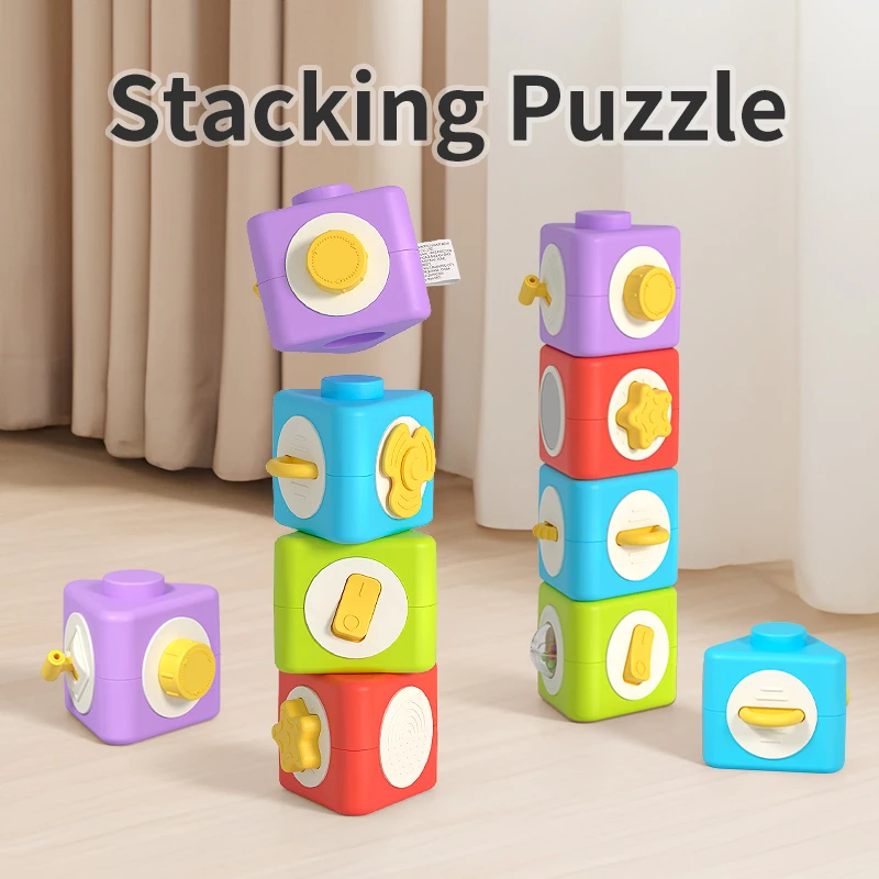 Montessori Busy Stacking Cubes, Multi-Activity Sensory Fidget Blocks, Fine Motor Training Early Educational Baby Toy