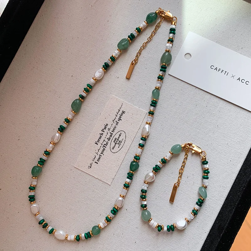 New Arrival modna naturalna perła słodkowodna i kamień jadeitowy wypełniony 14-karatowym złotem zestaw biżuterii damskiej dla kobiet naszyjnik bransoletka prezenty