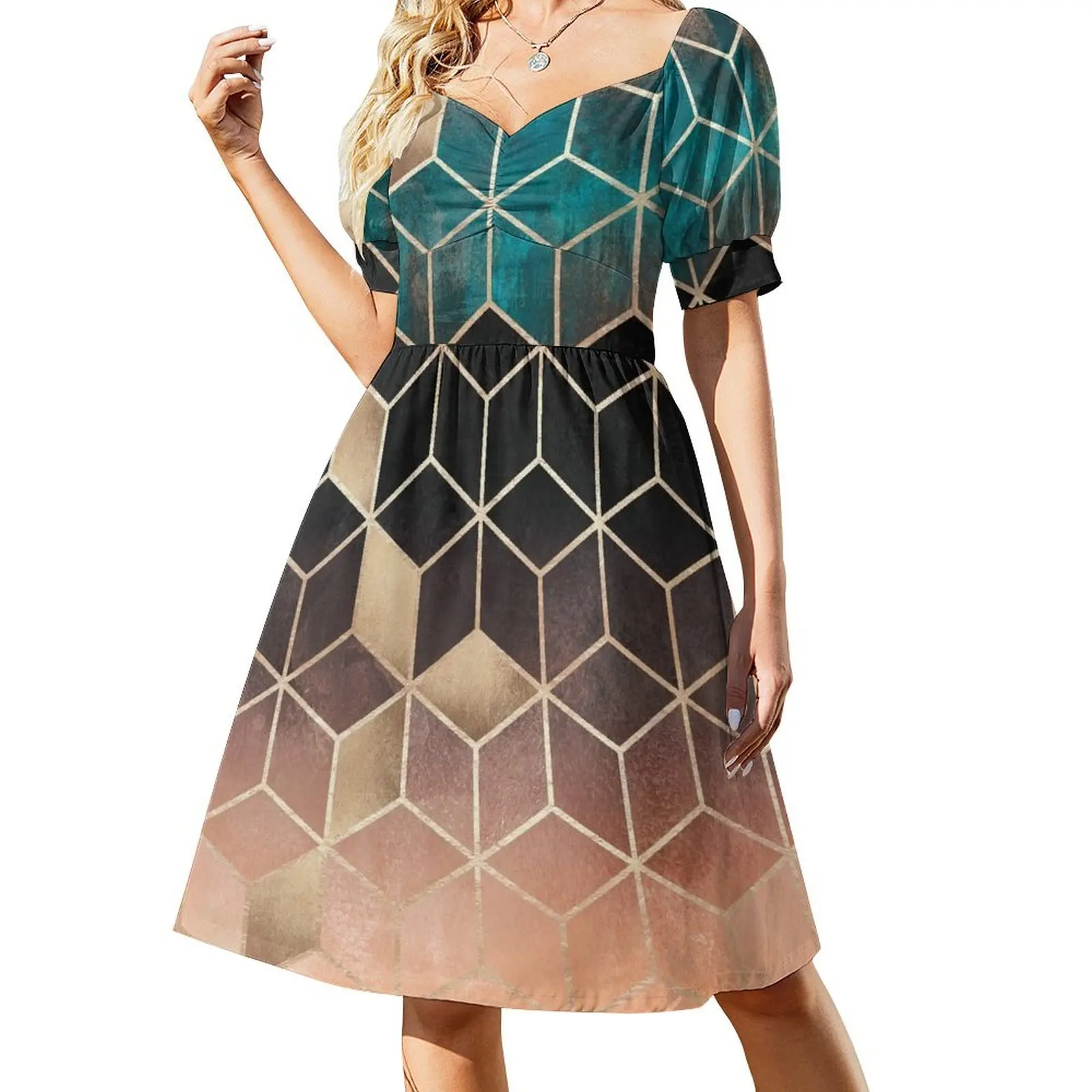 Ombre Dream Cubes Short Sleeved Dress long dress women Evening dresses Dress