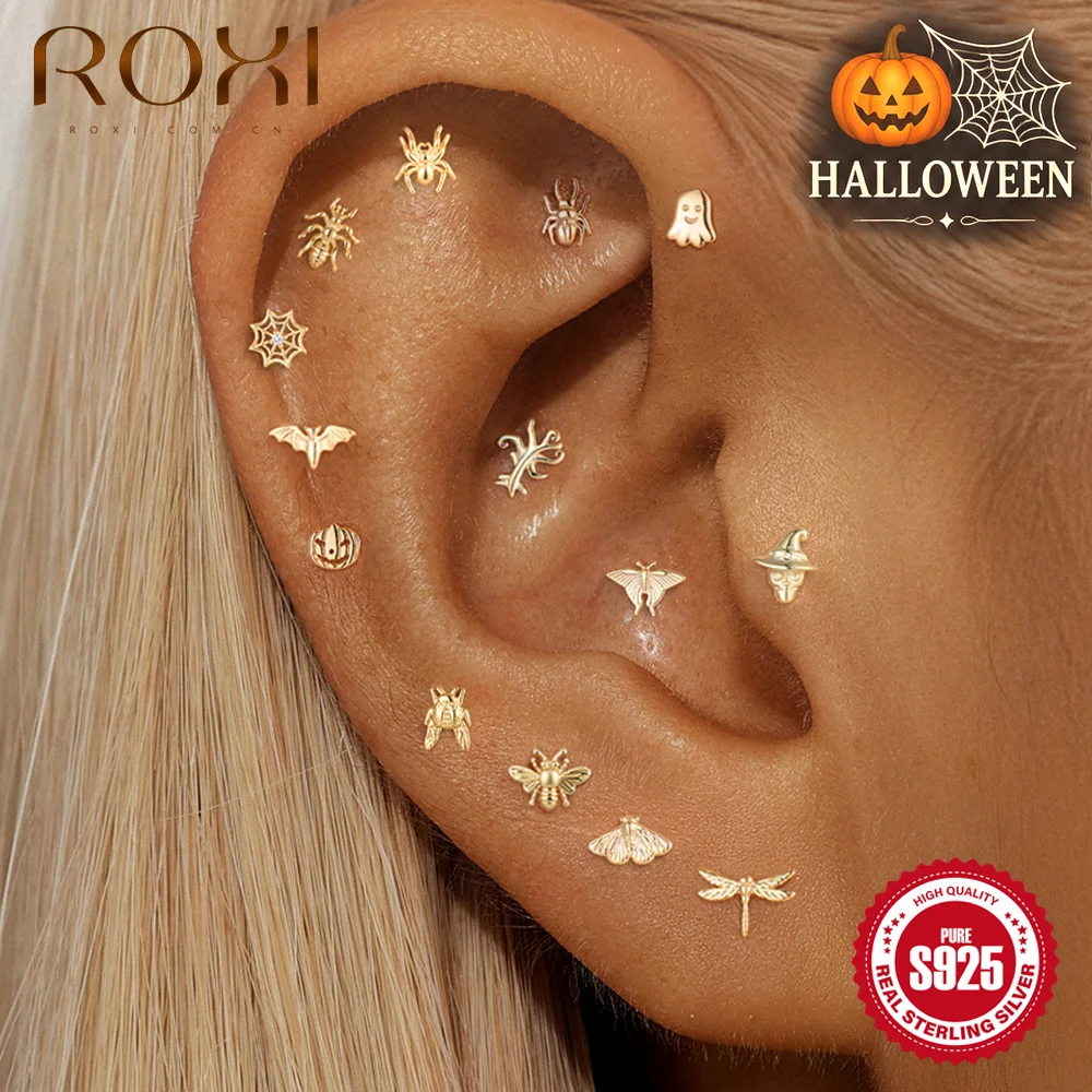 ROXI 1PC S925 Silver Halloween Piercing Stud Earring Evil Pumpkin Witch Hat Skull Spider Web Dead Tree For Women Holiday Gifts