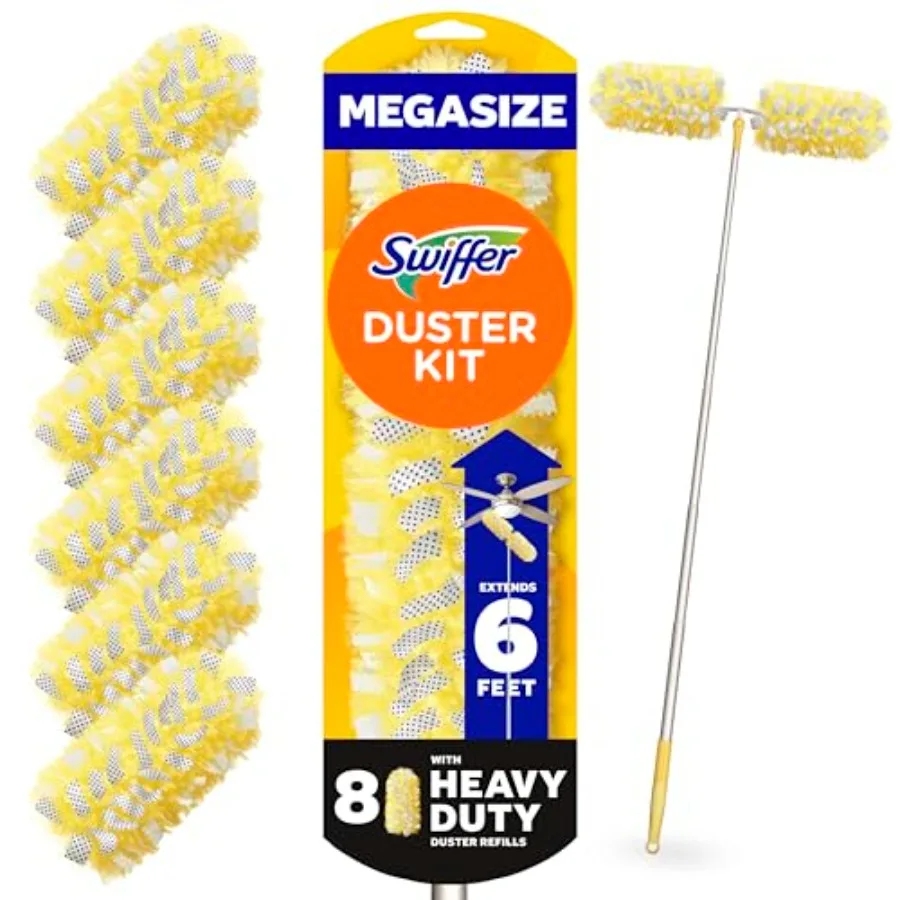 

Swiffer Duster Kit with 6 ft Super Extendable Handle Heavy Duty Starter Kit with 8 Refills for Efficient Dusting in HardtoReach