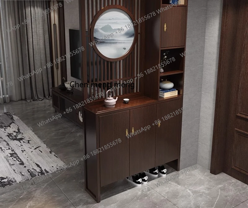 living room rack, entrance door, solid wood facing the door, entrance cabinet, shoe cabinet integrated new Chinese style